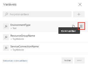Screenshot of the Azure DevOps interface that shows the list of variables and the delete button.