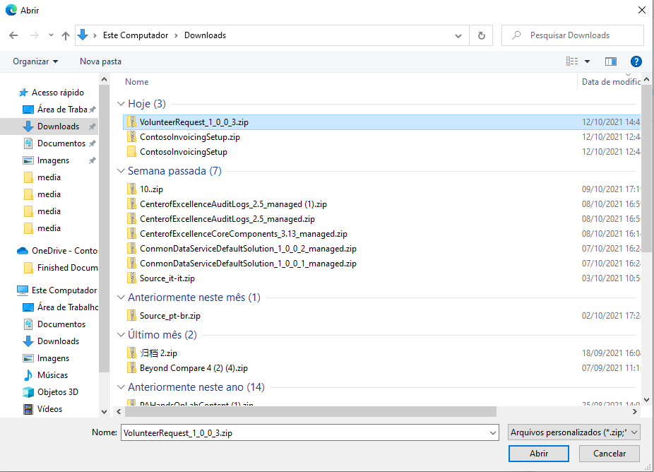 Captura de tela da caixa de diálogo Abrir mostrando o arquivo compactado exportado.