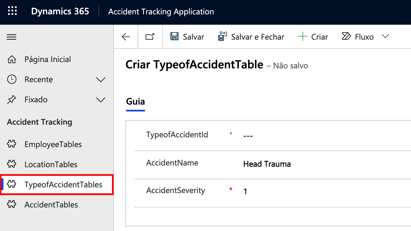 Captura de tela de informações gerais sobre a Tabela de Novos Tipos de Acidentes.