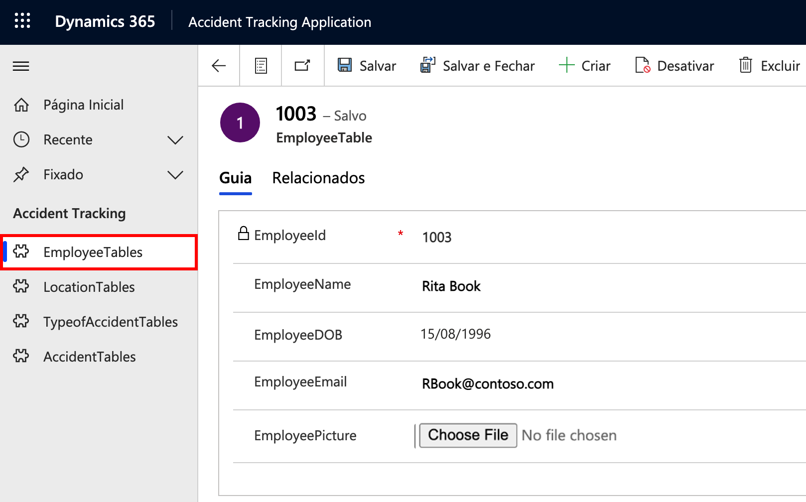 Captura de tela de informações gerais sobre a Tabela de Funcionários.