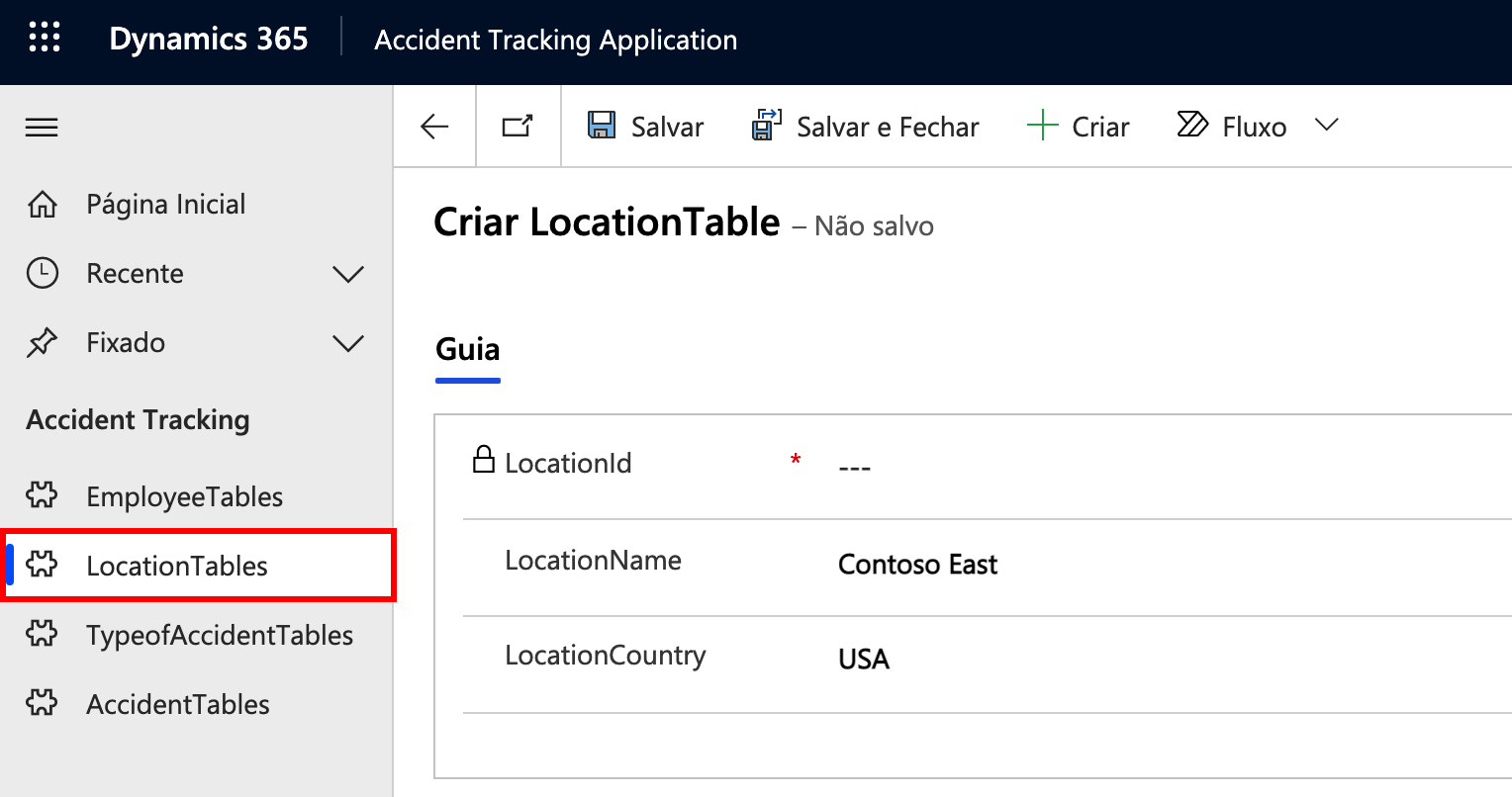 Captura de tela de informações gerais sobre a Tabela de Novos Locais.