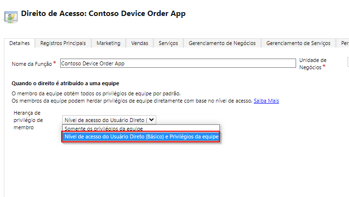 Captura de tela dos direito de acesso e detalhes das equipes.