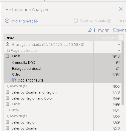 Captura de tela de categorias em resultados do Performance Analyzer.