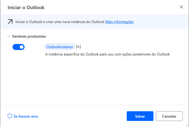 Captura de tela da caixa de diálogo da ação Iniciar o Outlook.