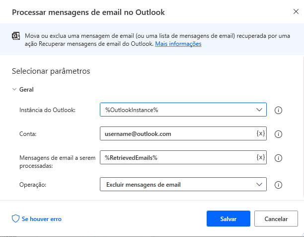 Captura de tela da caixa de diálogo da ação Processar mensagens de email no Outlook.