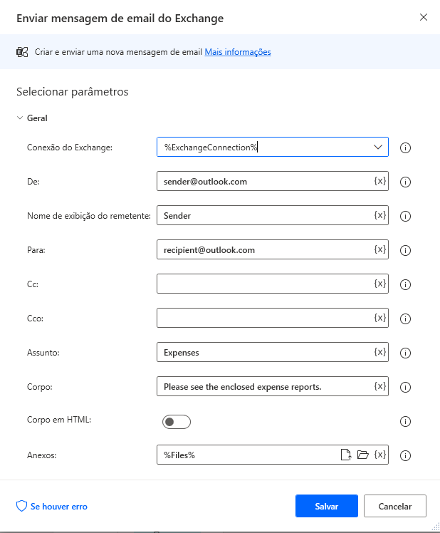 Propriedades da caixa de diálogo da ação Enviar mensagem de email do Exchange.