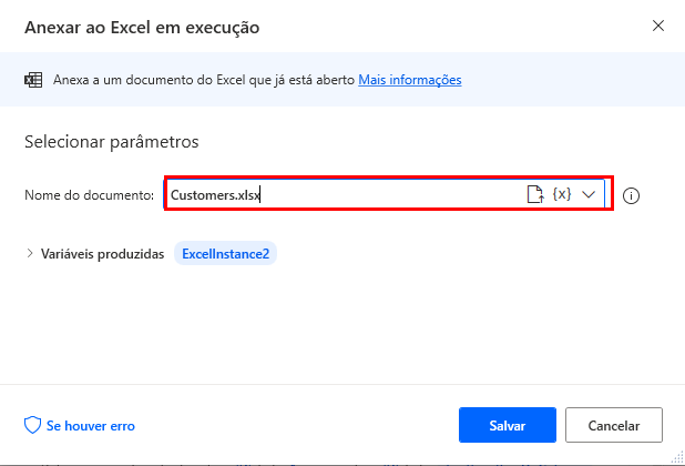 Captura de tela da caixa de diálogo Propriedades em Anexar ao executar o Excel.