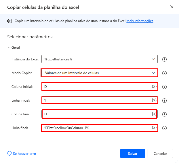 Captura de tela da caixa de diálogo Copiar células das propriedades da planilha do Excel destacando o botão de variável e a variável correta escolhida.