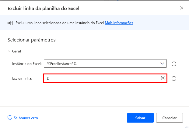 Captura de tela da caixa de diálogo de propriedades Excluir coluna da planilha do Excel.