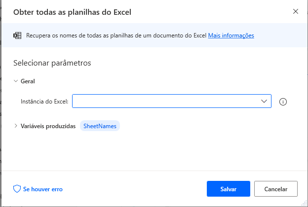 Captura de tela da caixa de diálogo de propriedades da ação Obter todas as planilhas do Excel.