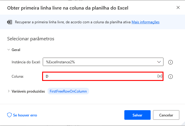 Captura de tela da caixa de diálogo de propriedades da ação Obter primeira linha livre na coluna da planilha do Excel.