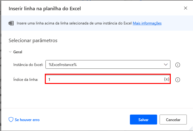 Captura de tela da caixa de diálogo de propriedades Inserir linha na planilha do Excel.