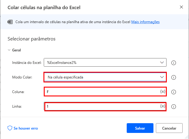 Captura de tela da caixa de diálogo de propriedades Colar células da planilha do Excel.