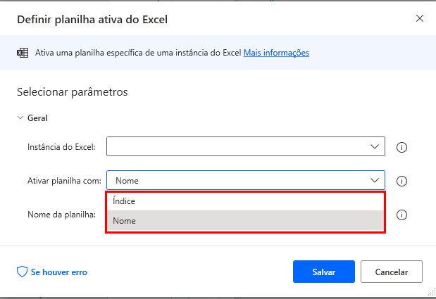 Captura de tela da caixa de diálogo de propriedades da ação Definir planilha ativa do Excel.