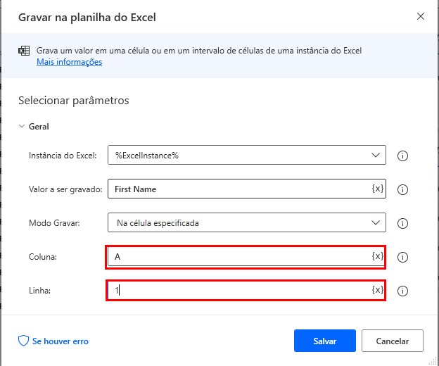 Captura de tela da caixa de diálogo de propriedades Gravar na planilha do Excel.