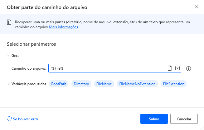 Captura de tela do diálogo Propriedades da ação Obter Parte do Caminho do Arquivo.