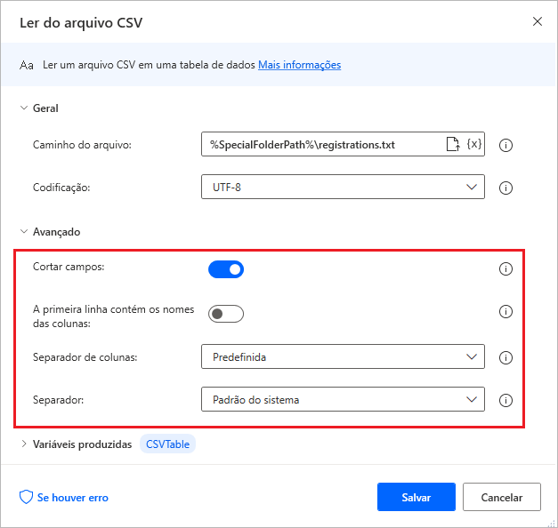 Captura de tela da caixa de diálogo Propriedades da ação Ler Texto do Arquivo CSV.