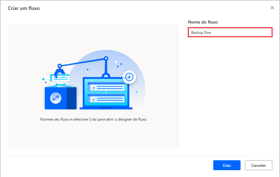 Captura de tela da caixa de diálogo Criar um fluxo.