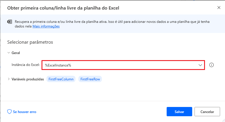 Captura de tela da caixa de diálogo da ação Obter primeira coluna/linha livre na planilha do Excel.