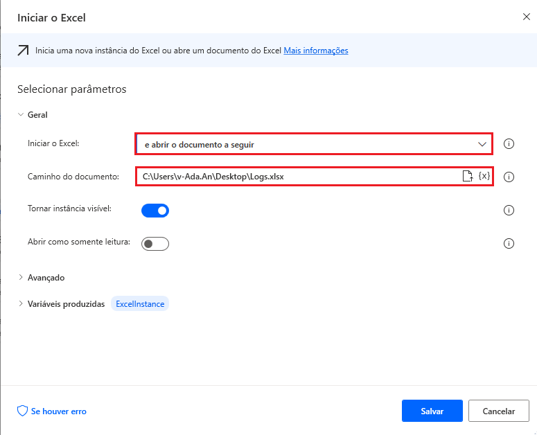 Captura de tela da caixa de diálogo da ação Iniciar o Excel.