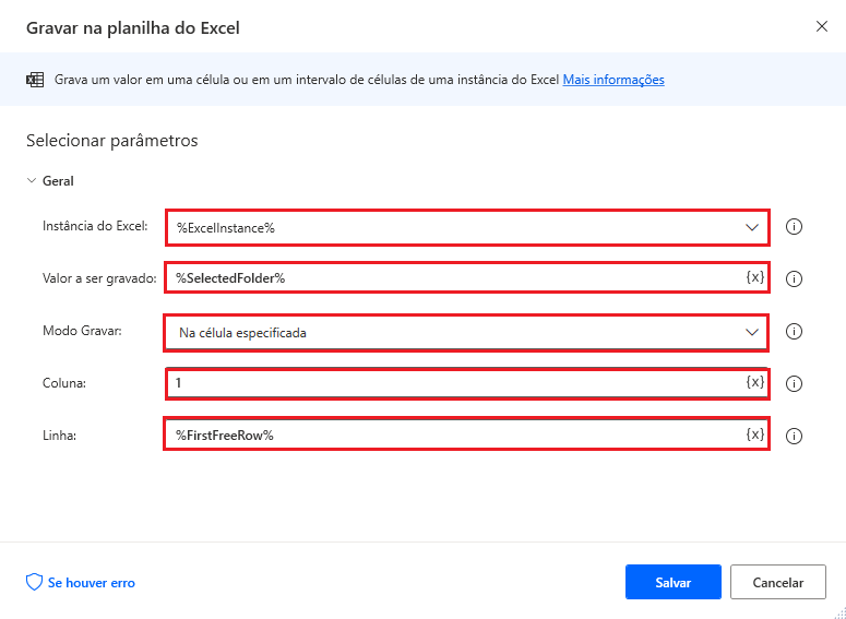 A ação Gravar em planilha do Excel gravando o caminho da pasta.