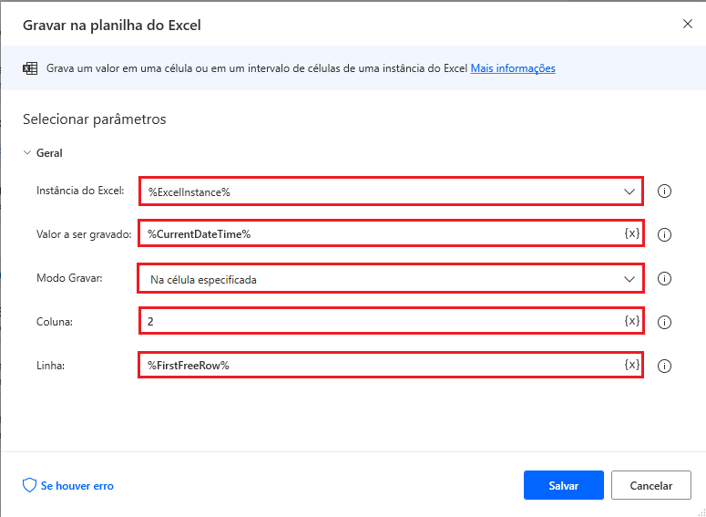 Captura de tela da ação Gravar em planilha do Excel gravando o carimbo de data/hora.