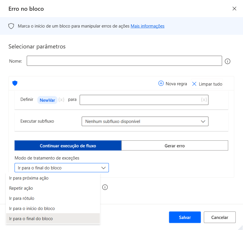 Captura de tela do diálogo Propriedades da ação Erro no bloco.