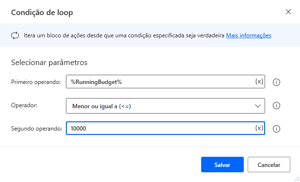 Captura de tela da caixa de diálogo das propriedades da ação da condição de loop.