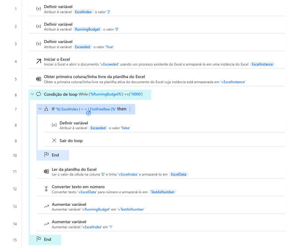 Captura de tela da condição de loop do exemplo de workspace.