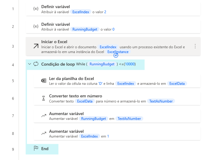 Captura de tela do exemplo do ambiente de trabalho de condição de loop.