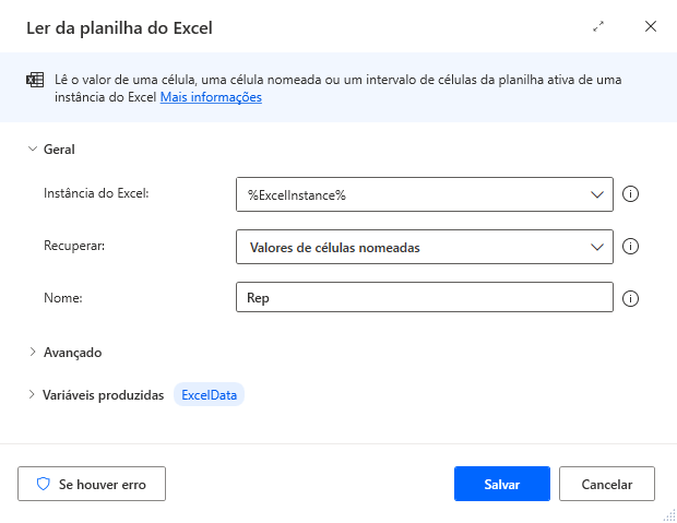 Screenshot da planilha de leitura do Excel.