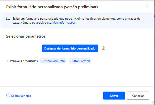 A captura de tela do botão Designer de formulário personalizado na ação Exibir formulário personalizado.