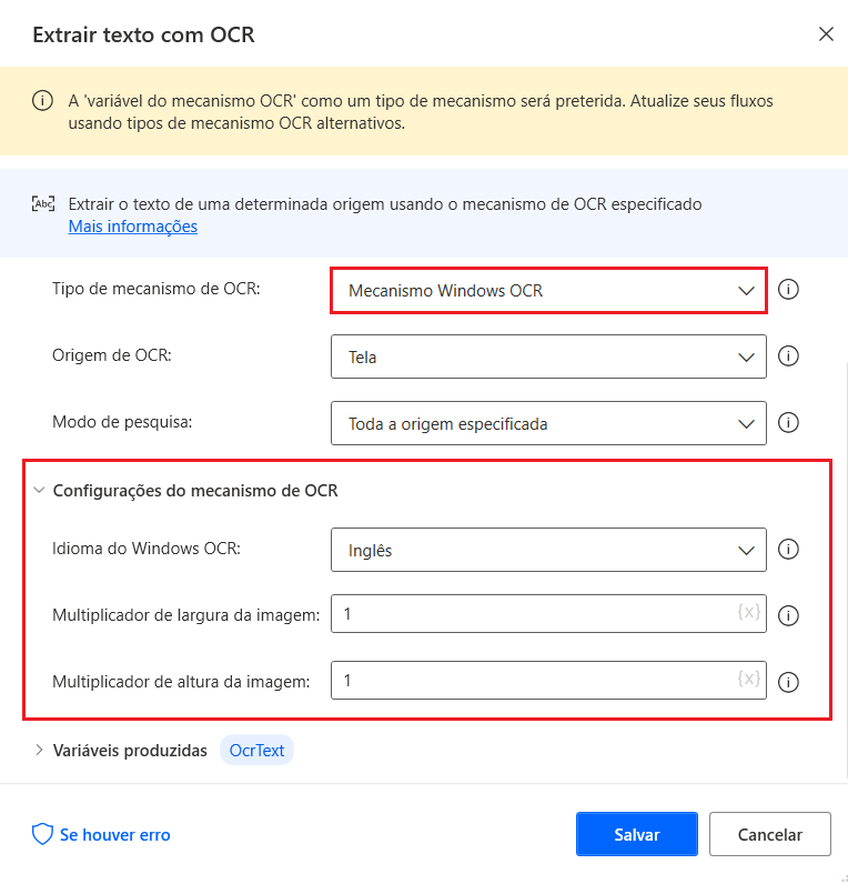 Captura de tela das opções do Tesseract na ação Extrair texto com OCR.