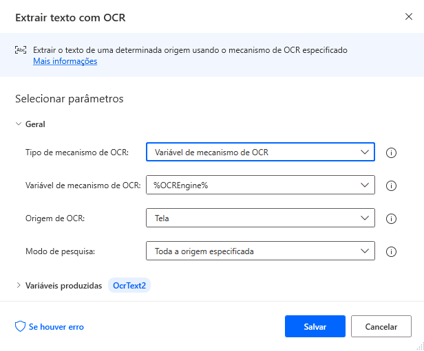 Captura de tela da ação Extrair texto com OCR.