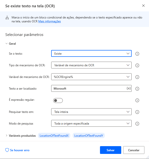Captura de tela da ação 