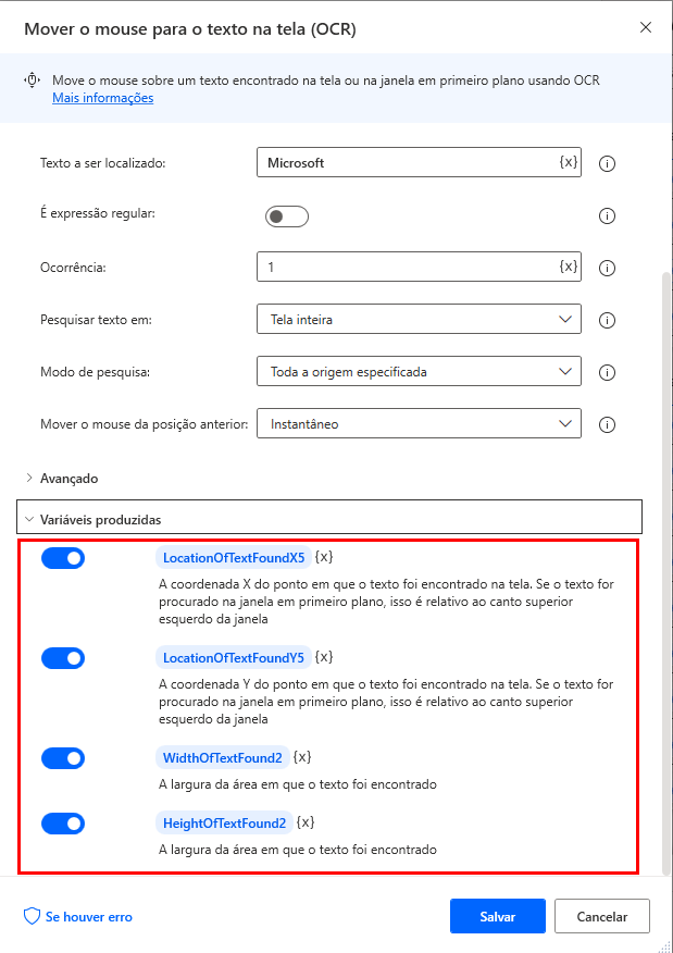 Captura de tela das variáveis produzidas na ação 