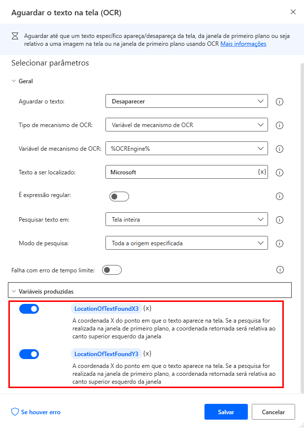 Captura de tela das variáveis produzidas na ação Aguardar texto na tela.