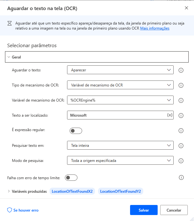 Captura de tela da ação 