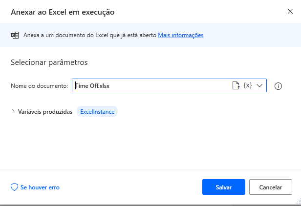 Captura de tela da caixa de diálogo da ação Anexar ao executar o Excel.