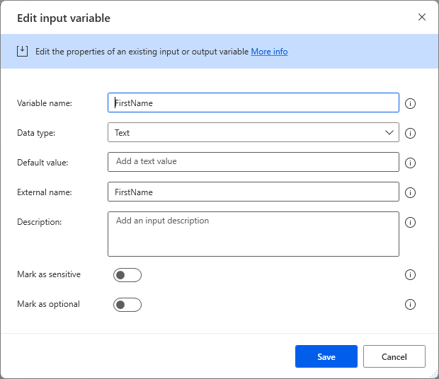 Captura de tela da caixa de diálogo Adicionar nova variável de entrada.