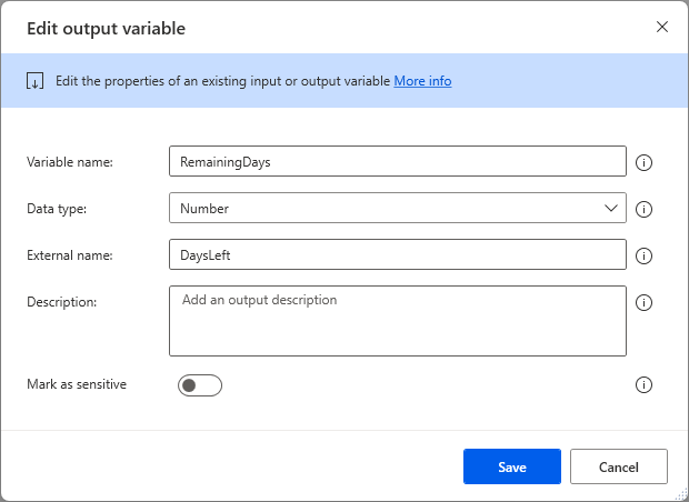 Captura de tela da caixa de diálogo Adicionar nova variável de saída.