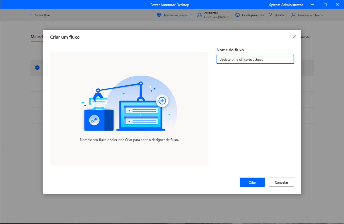 Captura de tela da caixa de diálogo Criar um fluxo com o nome de fluxo definido como Atualizar planilha de folga.