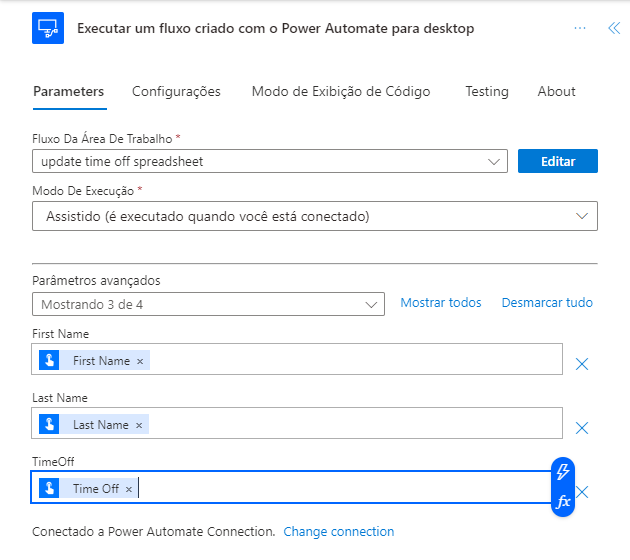 Captura de tela da ação Executar um fluxo criado com o Power Automate para desktop.