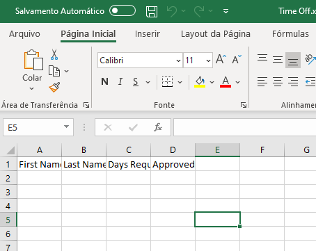 Captura de tela da planilha do Excel com cabeçalhos adicionados.