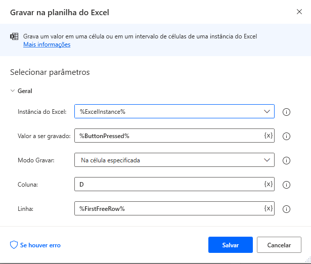 Captura de tela da caixa de diálogo da ação Gravar na planilha do Excel.