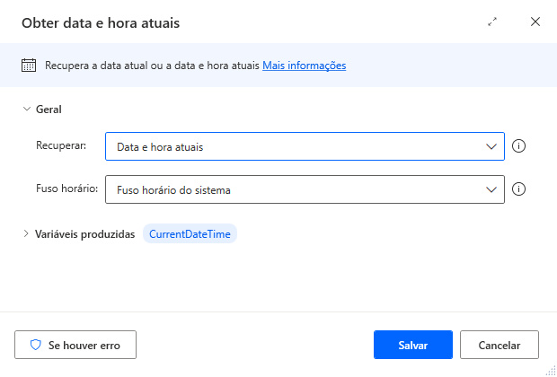 Captura de tela das propriedades da ação Obter data e hora atuais.