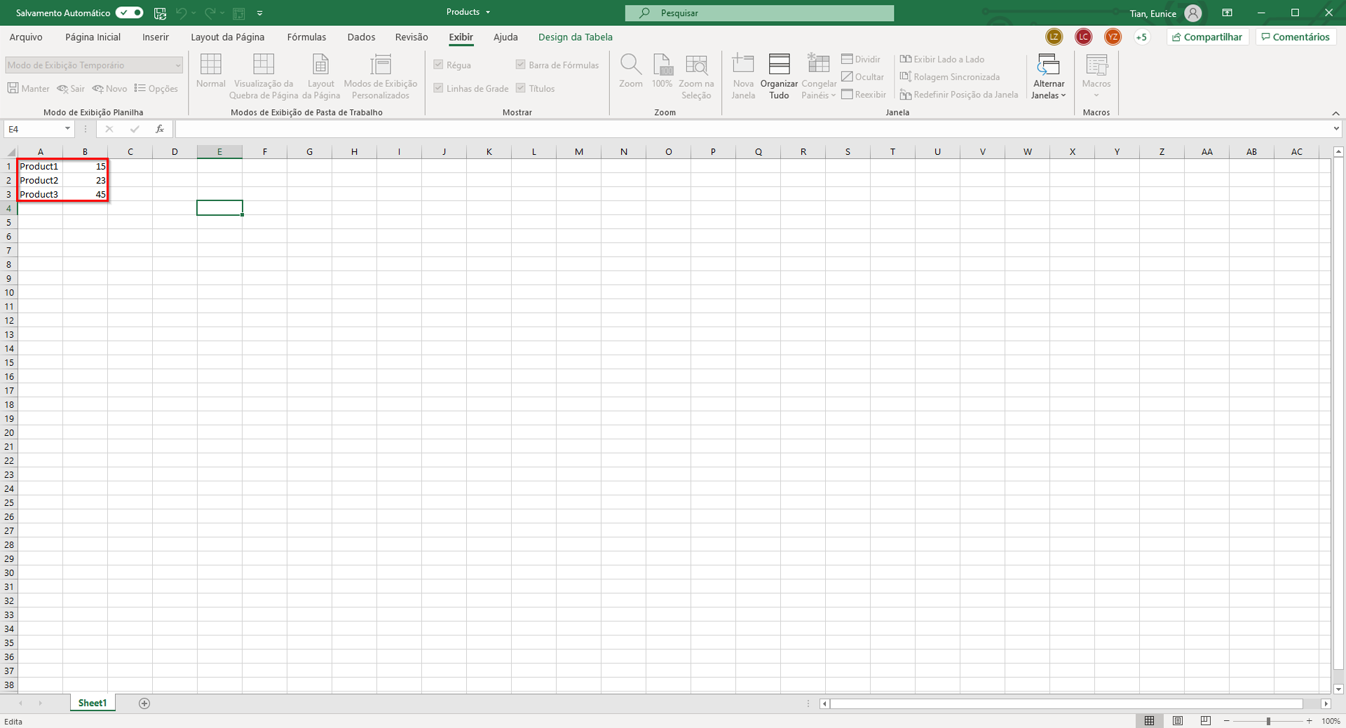 Captura de tela de uma tabela do Excel que contém produtos e preços.