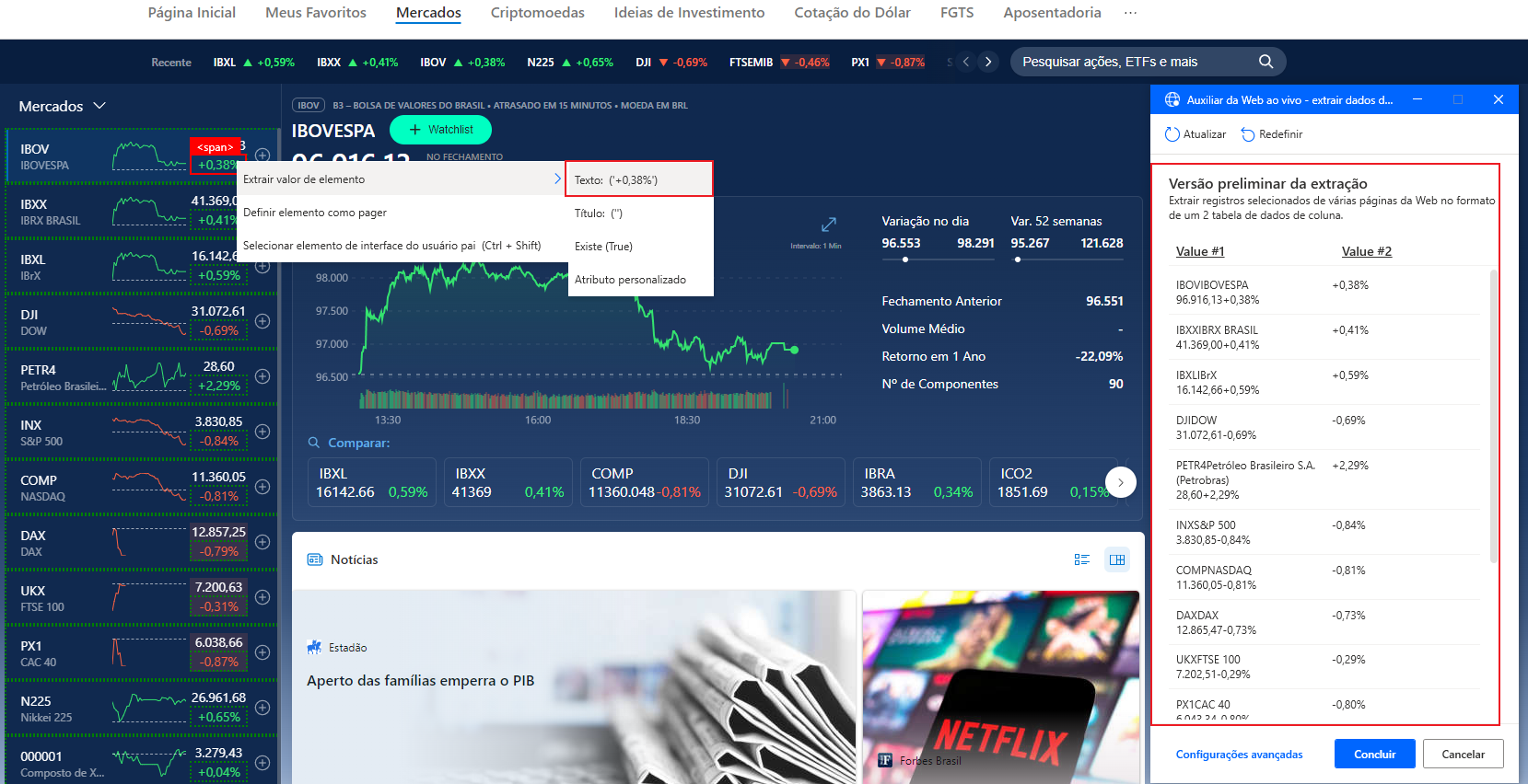 Captura de tela da visualização de extração do preço das ações