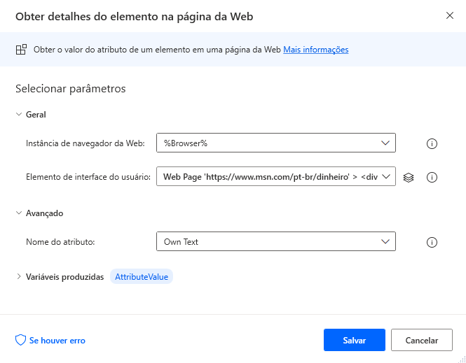 Captura de tela da ação 