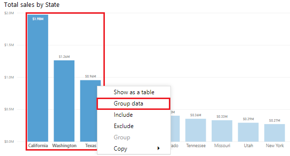 Captura de tela da propriedade Agrupar dados em uma visualização.